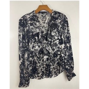 Anne Klein Floral Ruffle Button Down 100% Silk Blouse Womens Size: 4